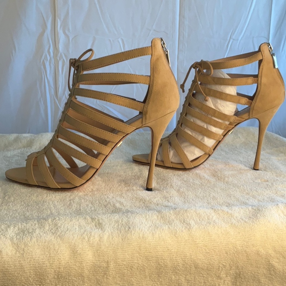 NWT Schutz Hermione Tan Suede Lace-up Rear Zip Caged Strappy Sandal Heels 9.5M